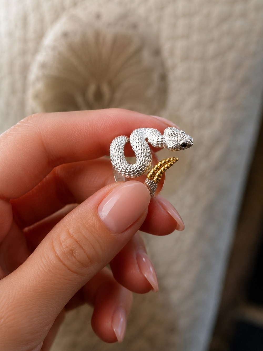 Unisex Silver & Gold Tone Snake Wrap Ring - Statement Animal Jewelry